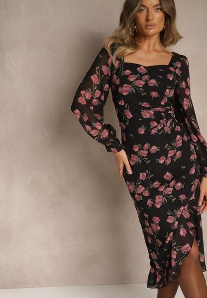 Czarno-Różowa Sukienka VICES o Taliowanym Kroju z Falbankami i Bufiastymi Rękawami Tevite. Czarne sukienki damskie Renee, na imprezę, l, bez wzorów, bez kołnierzyka, bez ramiączek, midi. Za 139.99 zł.