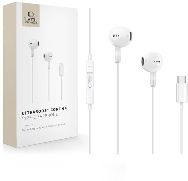 Słuchawki Tech-Protect Ultraboost TYPE-C earphone Core G4 white (5906302324279). Białe słuchawki dokanałowe TECH-PROTECT. Za 30.00 zł.