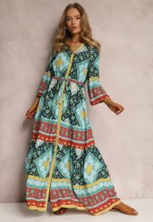 Ciemnozielono-Niebieska Sukienka Enysius. Niebieskie sukienki damskie Renee, l, bez wzorów, boho, bez kołnierzyka, bez ramiączek, maxi. Za 39.99 zł.