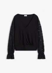 Bluzka z długim, koronkowym rękawem. Czarne bluzki damskie bonprix, bez wzorów, z koronki, eleganckie, bez kołnierzyka, bez ramiączek. Za 144.99 zł.