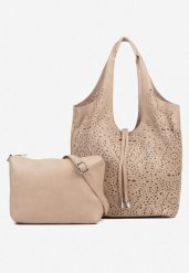 Ciemnobeżowa Ażurowa Torebka Shopperka z Saszetką Merazina. Brązowe shopperki damskie Born2be, w ażurowe wzory, z jeansu, bez dodatków. Za 139.99 zł.