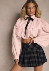 Różowa Bufiasta Koszula z Bawełny w Stylu Retro z Ozdobną Kokardą Frulla. Czerwone koszule damskie Renee, bez wzorów, z bawełny, retro, bez kołnierzyka, bez ramiączek. Za 99.99 zł.