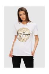 VERSACE Biały t-shirt damski ze złotą meduzą. Białe t-shirty damskie Versace, s, bez wzorów, z bawełny, bez kołnierzyka, bez ramiączek. W wyprzedaży za 689.99 zł.