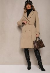 Ciemnobeżowy Dwurzędowy Płaszcz Trencz z Paskiem i Elegancką Klapą Fireti. Brązowe płaszcze damskie Renee, l, bez wzorów, z jeansu, biznesowe, bez kołnierzyka, bez kaptura. Za 179.99 zł.
