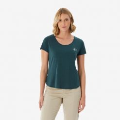 Koszulka turystyczna z krótkim rękawem damska Quechua NH500. Niebieskie bluzki damskie QUECHUA, m, bez wzorów, z bawełny, sportowe, bez kołnierzyka, bez ramiączek. Za 52.49 zł.