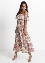 Sukienka z dekoltem carmen, z lejącej wiskozy. Brązowe sukienki damskie bonprix, bez wzorów, z wiskozy, bez kołnierzyka, bez ramiączek. Za 219.99 zł.