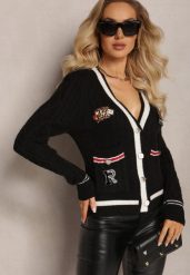 Czarny Wiskozowy Sweter Kardigan z Biżuteryjnymi Guzikami i Ozdobnymi Naszywkami Puanissa. Czarne kardigany damskie Renee, z aplikacjami, z wiskozy, bez kołnierzyka. Za 159.99 zł.