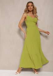 Zielona Sukienka na Ramiączkach z Regulacją z Gumką w Talii i Falbanką Faviara. Zielone sukienki damskie Renee, na co dzień, na lato, l, bez wzorów, z jeansu, eleganckie, bez kołnierzyka, bez ramiączek, maxi. Za 79.99 zł.