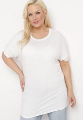 Biały T-shirt z Rękawami w typie Nietoperza Salilena. Białe t-shirty damskie Born2be, xl, z aplikacjami, z jeansu, eleganckie, bez kołnierzyka, bez ramiączek. Za 34.99 zł.