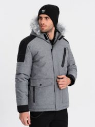 Zimowa kurtka męska z regulowanym kapturem z odpinanym futerkiem - szaro-czarna V1 OM-JAHP-0144 - XXL. Szare kurtki męskie Ombre Clothing, na zimę, l, bez wzorów. W wyprzedaży za 199.99 zł.