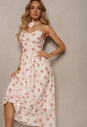 Różowo-Beżowa Sukienka z Chokerem z Kwiatem o Rozkloszowanym Kroju na Ramiączkach Kremeria. Czerwone sukienki damskie Renee, na imprezę, l, bez wzorów, eleganckie, bez kołnierzyka, bez ramiączek, midi, rozkloszowane. Za 129.99 zł.