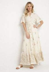 Beżowa Wiskozowa Sukienka Boho o Rozkloszowanym Kroju z Haftem i Wiązaniem Lilvanis. Brązowe sukienki damskie Born2be, na co dzień, l, bez wzorów, z jeansu, boho, bez kołnierzyka, bez ramiączek, maxi, rozkloszowane. Za 149.99 zł.