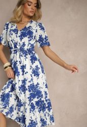 Niebieska Bawełniana Sukienka Rozkloszowana Ażurowa w Kwiatowy Print Velbia. Niebieskie sukienki damskie Renee, na co dzień, na lato, l, w ażurowe wzory, z bawełny, eleganckie, bez kołnierzyka, bez ramiączek, midi, proste. Za 89.99 zł.