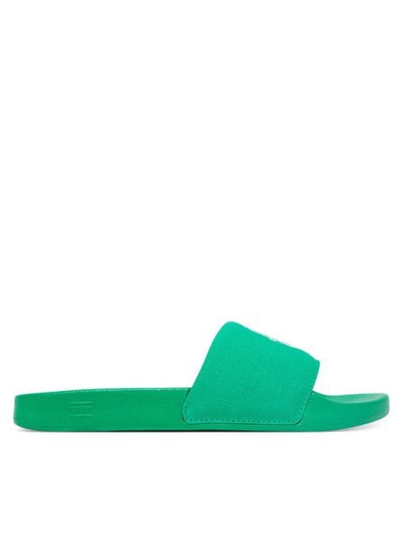 Tommy Hilfiger Klapki Th Script Pool Slide FW0FW09286 Zielony. Zielone klapki damskie Tommy Hilfiger, bez wzorów, z materiału, bez obcasa, bez zapięcia. Za 104.99 zł.