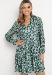 Zielona Rozkloszowana Sukienka Mini z Falbanką Naike. Zielone sukienki damskie Born2be, l, z aplikacjami, z tkaniny, bez kołnierzyka, bez ramiączek, mini, rozkloszowane. Za 119.99 zł.