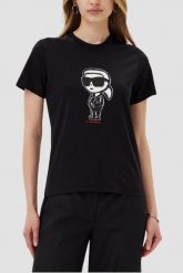 KARL LAGERFELD Czarny damski t-shirt Ikon Sketch Karl. Czarne t-shirty damskie KARL LAGERFELD, s, bez wzorów, bez kołnierzyka, bez ramiączek. W wyprzedaży za 249.99 zł.