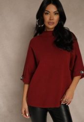 Bordowy Sweter z Cyrkoniami przy Rękawach Corentusa. Czerwone swetry nierozpinane damskie Renee, m, z aplikacjami, z jeansu, casualowe, bez kołnierzyka, bez ramiączek. Za 89.99 zł.