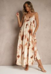 Beżowa Sukienka z Wiskozy Ozdobiona Abstrakcyjnym Wzorem Nilluna. Brązowe sukienki damskie Renee, na co dzień, na lato, m, bez wzorów, z jeansu, eleganckie, bez kołnierzyka, bez ramiączek, maxi, sportowe. Za 89.99 zł.