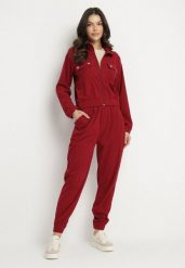 Bordowy Komplet Dresowy z Prążkowanego Materiału Bluza z Kołnierzykiem i Spodnie z Gumką w Pasie Kerulla. Czerwone bluzy damskie Born2be, m, bez wzorów, z dresówki, eleganckie, bez ramiączek, bez kaptura. Za 79.99 zł.