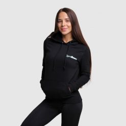 Bluza damska fitness z kapturem czarna PRO. Czarne bluzy damskie GYMBEAM, xl, bez wzorów, z bawełny, sportowe, bez ramiączek, z kapturem. Za 88.90 zł.