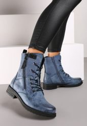 Niebieskie Botki Sznurowane z Zamkiem Hiyab. Niebieskie botki damskie Renee, bez wzorów, z jeansu, eleganckie, bez obcasa, na obcasie, bez zapięcia. Za 139.99 zł.