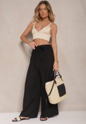 Czarne Bawełniane Spodnie o Szerokim Kroju High Waist Ściągane Troczkiem Virselia. Czarne spodnie dresowe damskie Renee, bez wzorów, z bawełny, eleganckie, z podwyższonym stanem. Za 74.99 zł.