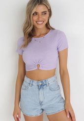 Fioletowy Krótki T-shirt z Ozdobnym Rozcięciem Likina. Fioletowe t-shirty damskie Born2be, s, z aplikacjami, bez kołnierzyka, bez ramiączek. Za 44.99 zł.