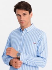 Męska koszula REGULAR FIT w białe paski z kieszonką – błękitna V2 OM-SHOS-0171 - XXL. Niebieskie koszule męskie Ombre Clothing, l, bez wzorów, z bawełny, biznesowe, bez kołnierzyka, bez ramiączek. W wyprzedaży za 119.99 zł.