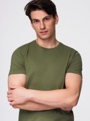 T-shirt męski klasyczny bawełniany BASIC - khaki V6 - Rozmiar: M. Brązowe t-shirty męskie Ombre Clothing, m, bez wzorów, z bawełny, bez kołnierzyka, bez ramiączek. W wyprzedaży za 29.99 zł.