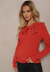 Pomarańczowy Sweter z Prążkowanej Dzianiny z Wiskozą Ozdobiony Cyrkoniami i Wiązaniem Tintorinae. Brązowe swetry nierozpinane damskie Renee, m, bez wzorów, z dzianiny, casualowe, bez kołnierzyka, bez ramiączek. Za 79.99 zł.
