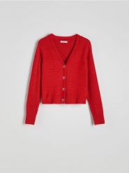 Kardigan z ozdobnymi guzikami - czerwony. Czerwone kardigany damskie Reserved, l, bez wzorów, z dzianiny, bez kołnierzyka. W wyprzedaży za 99.99 zł.
