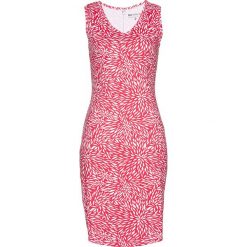 Sukienka shirtowa bonprix różowy hibiskus - biały z nadrukiem. Czerwone sukienki damskie bonprix, bez wzorów, bez kołnierzyka, bez ramiączek, dopasowane. Za 54.99 zł.