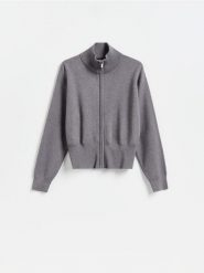 Rozpinany sweter - ciemnoszary. Szare kardigany damskie Reserved, l, bez wzorów, z dzianiny, bez kołnierzyka. Za 139.99 zł.
