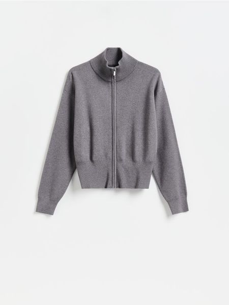 Rozpinany sweter - ciemnoszary. Szare kardigany damskie Reserved, l, bez wzorów, z dzianiny, bez kołnierzyka. Za 139.99 zł.