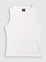 4F Top slim gładki damski - biały L. Białe topy damskie 4F, l, bez wzorów, z bawełny, klasyczne, bez kołnierzyka, bez ramiączek. Za 39.99 zł.
