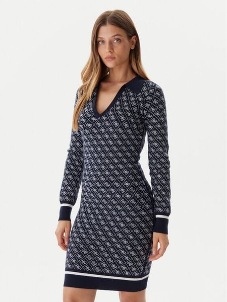 Guess Sukienka dzianinowa W5BK25 Z3JD2 Granatowy Slim Fit. Niebieskie sukienki damskie Guess, l, z aplikacjami, z dzianiny, bez kołnierzyka, bez ramiączek. Za 429.99 zł.