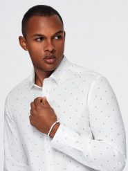Klasyczna męska bawełniana koszula SLIM FIT w kotwice - biała V3 - Rozmiar: XL. Białe koszule męskie Ombre Clothing, m, bez wzorów, z bawełny, klasyczne, bez kołnierzyka, bez ramiączek. W wyprzedaży za 69.99 zł.