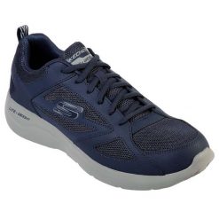 Buty sportowe Sneakersy męskie, Skechers Dynamight 2.0 - Fallford. Niebieskie buty sportowe męskie Skechers, bez wzorów, bez zapięcia, trekkingowe. Za 239.99 zł.
