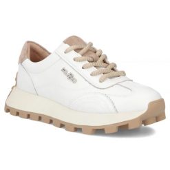 Skórzane półbuty sneakersy na platformie białe Filippo DP7498. Białe półbuty damskie Filippo, bez wzorów, ze skóry, sportowe, bez obcasa, na platformie, bez zapięcia. Za 219.99 zł.