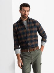 Męska flanelowa koszula w kratę - granatowo-pomarańczowa V7 OM-SHCS-0150 - L. Brązowe koszule męskie Ombre Clothing, l, bez wzorów, bez kołnierzyka, bez ramiączek. W wyprzedaży za 79.99 zł.