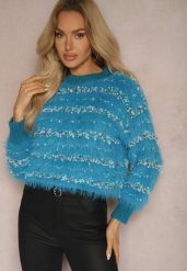 Niebieski Sweter z Dodatkiem Bawełny Ozdobiony Kolorową Nicią Raiqua. Niebieskie swetry nierozpinane damskie Renee, l, bez wzorów, z bawełny, casualowe, bez kołnierzyka, bez ramiączek. Za 84.99 zł.