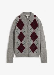 Sweter rozpinany z kołnierzykiem polo. Szare kardigany damskie bonprix, bez wzorów, eleganckie, bez kołnierzyka. Za 149.99 zł.