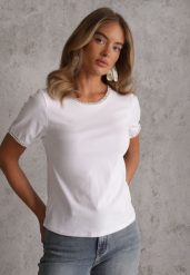 Biały Gładki T-shirt Bawełniany z Ozdobnymi Lamówkami z Warkoczowego Splotu Thalia. Białe t-shirty damskie Renee, m, bez wzorów, z bawełny, bez kołnierzyka, bez ramiączek. Za 49.99 zł.
