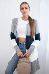 Sweter Kardigan w pasy szary+ciemny jeans. Szare kardigany damskie KESI, l, bez wzorów, z jeansu, bez kołnierzyka, plus size. Za 178.78 zł.