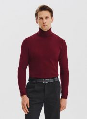 PAKO LORENTE - Bordowy gładki golf męski. Czerwone swetry męskie Pako Lorente, na jesień, m, bez wzorów, z bawełny, bez kołnierzyka, bez ramiączek. Za 249.99 zł.