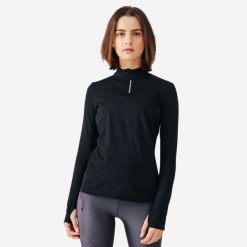 Bluza do biegania damska Kiprun Run 100 Warm ocieplana. Czarne bluzy damskie KIPRUN, xs, bez wzorów, z dzianiny, sportowe, bez ramiączek, bez kaptura. Za 59.99 zł.