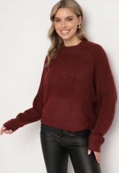 Bordowy Klasyczny Sweter z Wełną Sassitha. Czerwone swetry nierozpinane damskie Born2be, m, bez wzorów, z jeansu, casualowe, bez kołnierzyka, bez ramiączek. Za 129.99 zł.