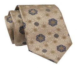 Męski Krawat - ALTIES - Klasyczny - Beżowy w Granatowe Motywy Kwiatowe. Brązowe krawaty i muchy Alties, bez wzorów, z tkaniny, eleganckie. Za 49.00 zł.