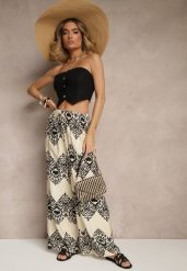 Czarne Spodnie z Wiskozy o Szerokim Kroju High Waist ze Wzorem Boho Neolissea. Czarne spodnie materiałowe damskie Renee, na lato, bez wzorów, z jeansu, boho, z podwyższonym stanem. Za 44.99 zł.