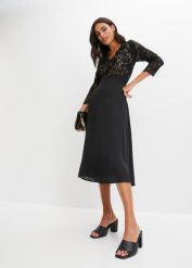 Sukienka szyfonowa z koronką. Czarne sukienki damskie bonprix, bez wzorów, z koronki, eleganckie, bez kołnierzyka, bez ramiączek. Za 239.99 zł.